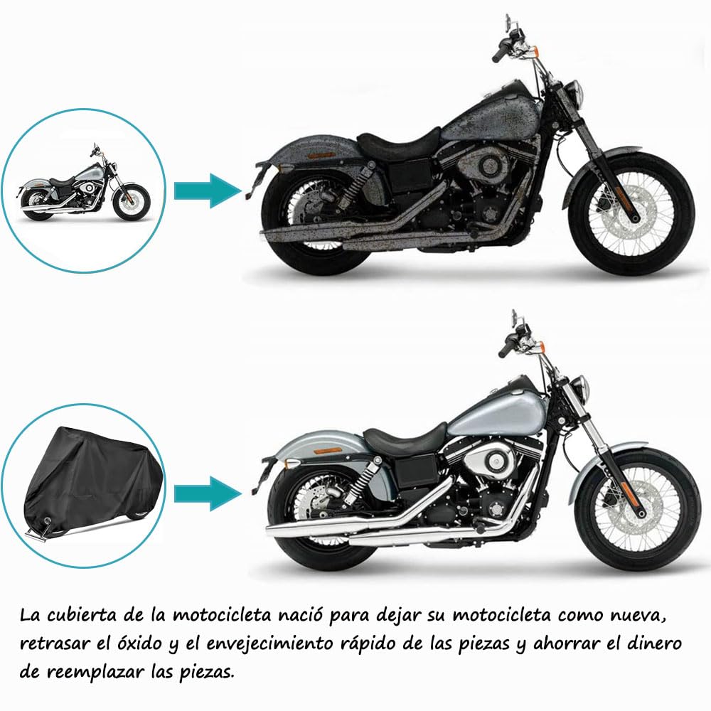 Herpet Funda para Moto Cubierta de la Motocicleta Impermeable - Tejido de Poliéster Recubierto 190T, Impermeable A Prueba de UV Agua Lluvia Polvo Viento Nieve 245 x 105 x 125 CM (2XL, Negro)
