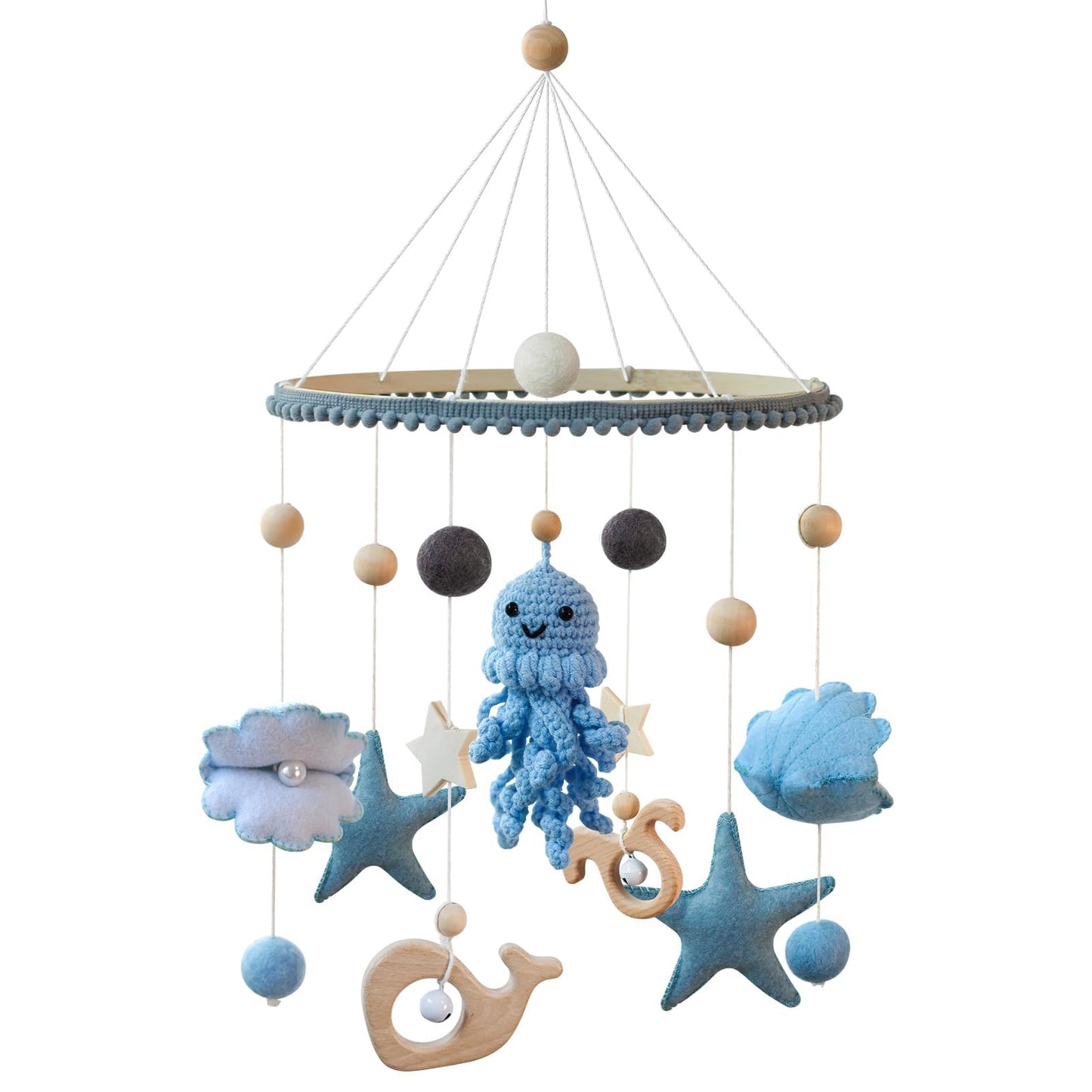 Móvil para cuna de bebé para niñas y niños, con temática oceánica para cuna, fieltro de ganchillo, pulpo, ballena, estrella de mar, guardería móvil para moisés, decoración de guardería