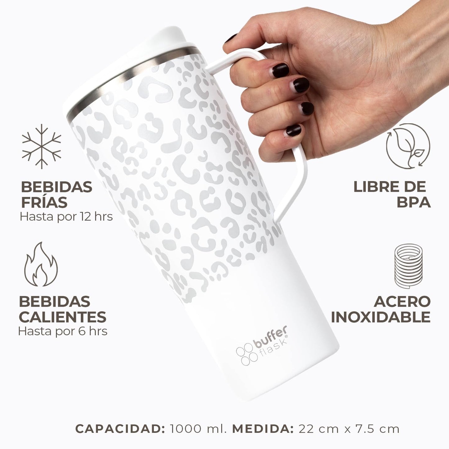 Buffer Flask - Vaso Térmico 1000 ml - Termo para Café y Agua de Acero Inoxidable - Tapa Anti Derrame y Fugas - Taza Tumbler Mug para Bebidas Frías y Calientes - Incluye Popote - Color Leopardo Blanco