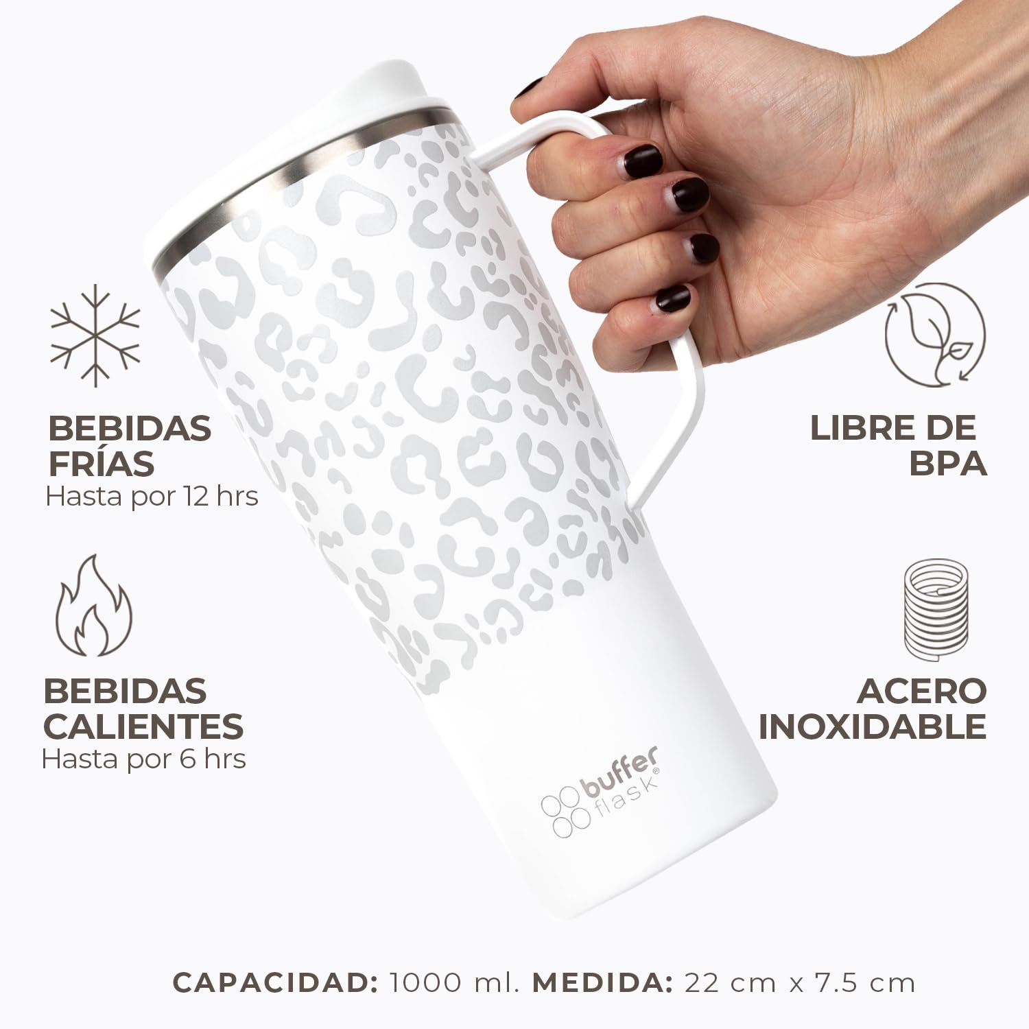 Buffer Flask - Vaso Térmico 1000 ml - Termo para Café y Agua de Acero Inoxidable - Tapa Anti Derrame y Fugas - Taza Tumbler Mug para Bebidas Frías y Calientes - Incluye Popote - Color Leopardo Blanco