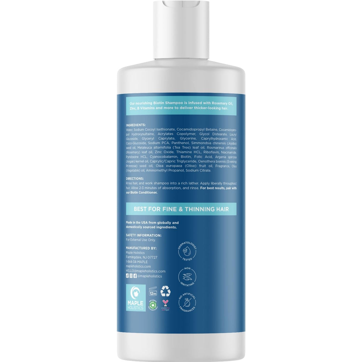 Shampoo Biotin Maple Holistics Crecimiento Capilar Extracto Tea Tree Oil Jojoba Argan Anticaspa para Mujer y Hombre