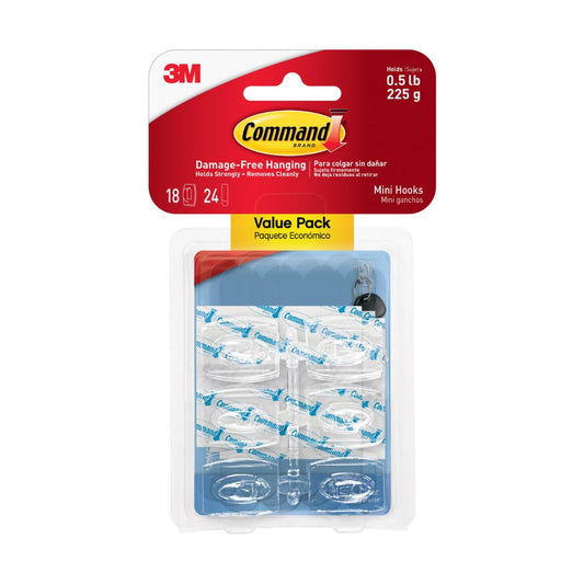 Command 3M Gancho Adhesivo sin dañar la superficie, Uso Interior, Mini, Transparente, 18 piezas, Resiste hasta 225gr.