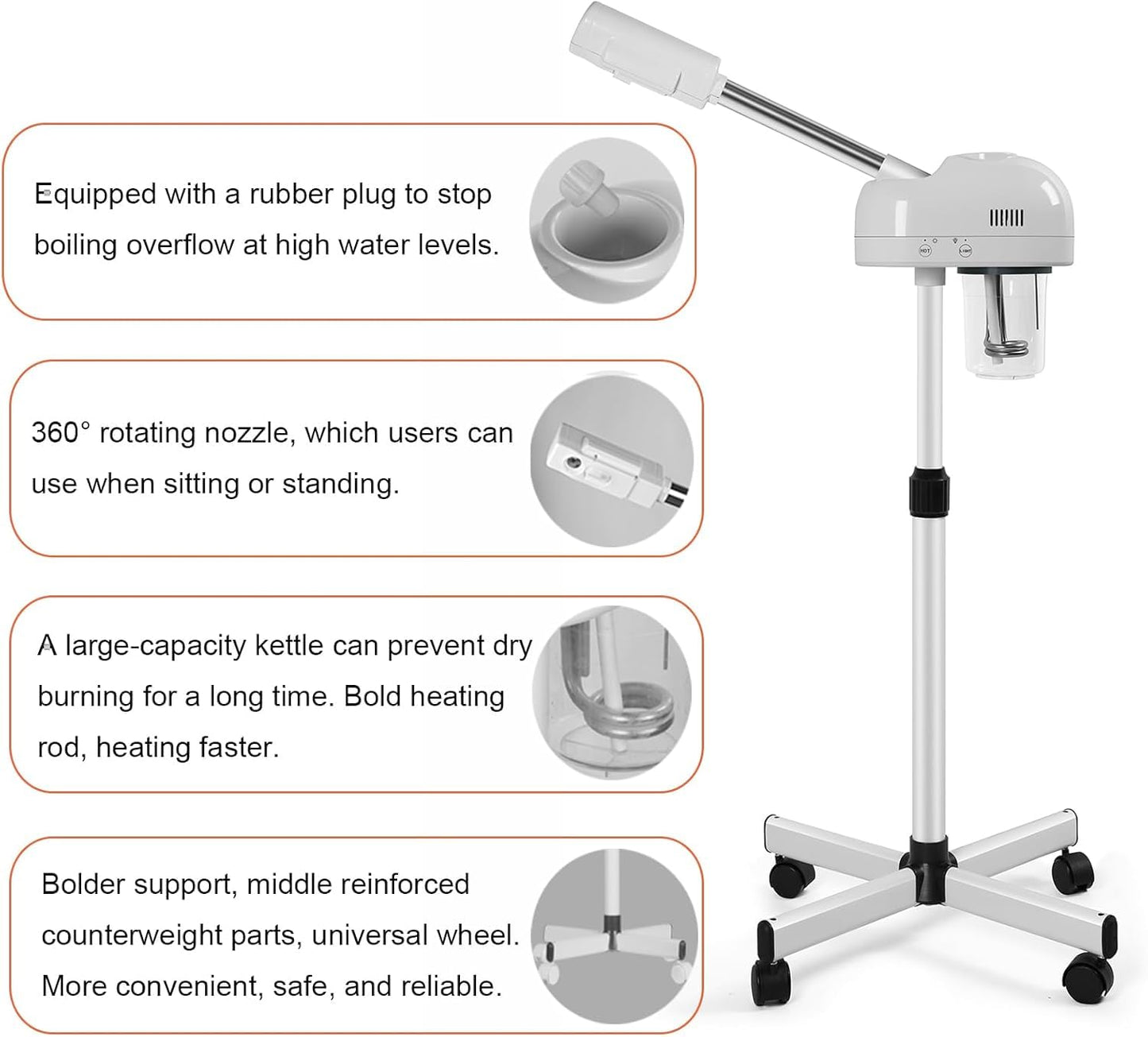 Vaporizador facial profesional de ozono con función de niebla caliente, vapor facial de pie sobre ruedas, altura ajustable y boquilla giratoria de 360°, uso en casa y salón SPA