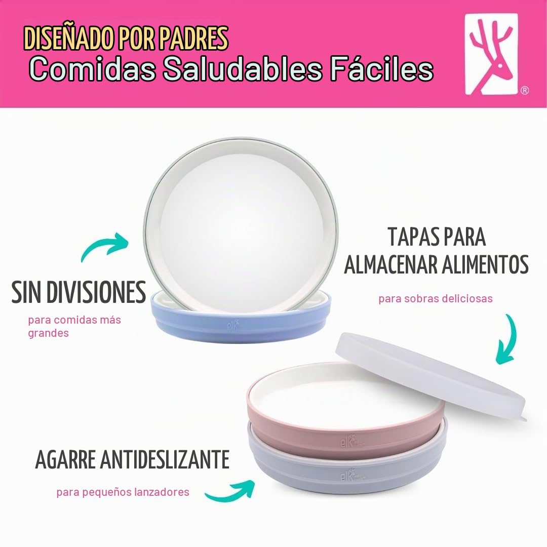 Elk and Friends Kids - Platos blancos de porcelana de 7.8 pulgadas con mangas de silicona + tapas, adecuados para bebés/niños pequeños, aptos para microondas y lavaplatos, vajilla antideslizante