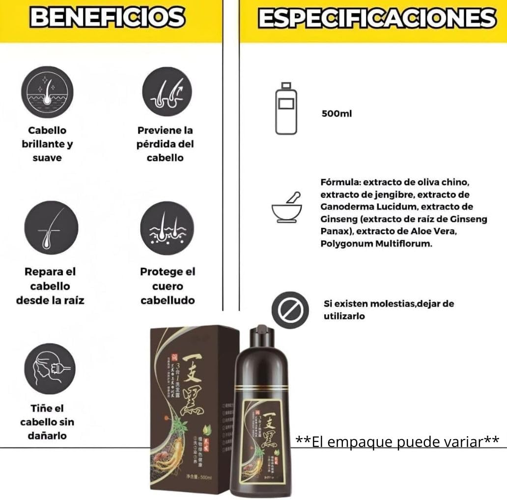 Café (Castaño Oscuro)- Shampoo Tinte Instantaneo Para Cabello Cubre Canas Natural Jengibre 500Ml - Champú Instant Hair Color Para Teñir El Cabello 3 En 1 Coloración Al Instante Con Hierbas Unisex, Para Hombre y Mujer
