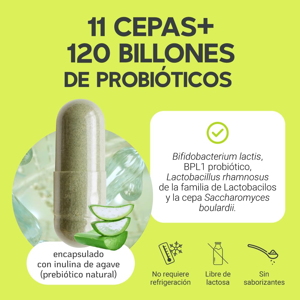 Suplemento Alimenticio MegaBiotic con Probióticos y Prebióticos 120 Billones 11 Cepas e Inulina de Agave