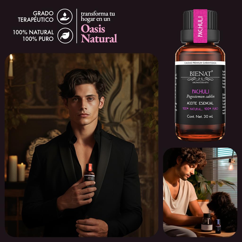 BIENAT AROMATERAPIA Aceite Esencial de Pachuli 30mL | 100% Puro y Concentrado | Ideal para Difusor de Aromas, Humidificador, Aromaterapia, Masajes, Meditación, Jabones y Velas | Esencia Natural en Gotas