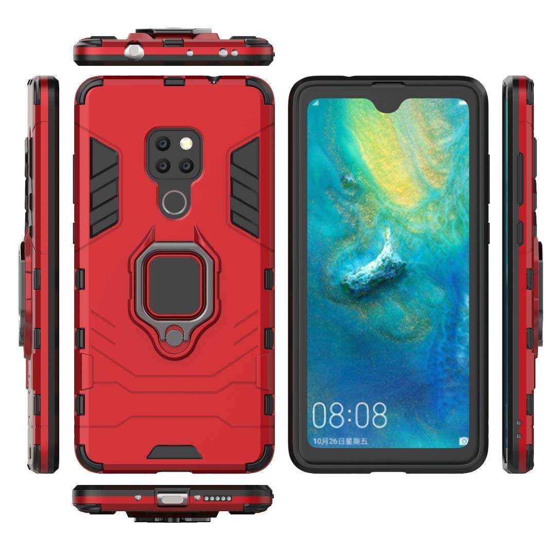 Compatible con Huawei Mate 20 Funda, Anillo Metálico Sujeción Soporte Antichoque Rígido Caja (Funciona con el Montaje de Coche Magnético) Doble Capa Sólido Case Carcasa para Huawei Mate 20 (Rojo)
