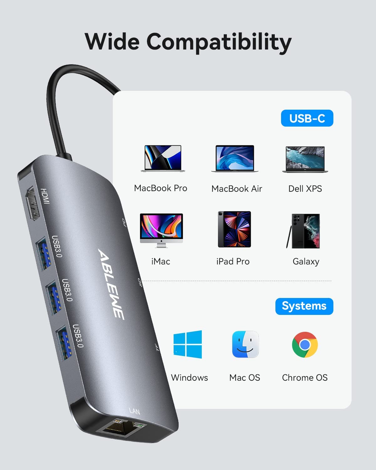 ABLEWE HUB USB C, 8 en 1 Adaptador USB C a hdmi 4K,USB 3.0 3 Puertos,Lector Tarjetas SD/TF,Puerto Gigabit Ethernet,87 Power Delivery Carga,Type C Hub Compatible para MacBook,MacBook Pro,Chromebook