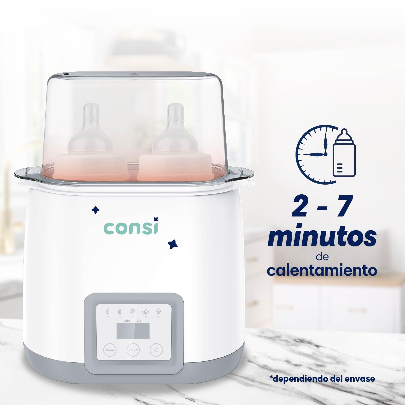 Consi Calentador y Esterilizador para 2 Biberones 5 en 1, Calentamiento Rápido, con Temporizador, Libre de BPA, calentador biberones, calentador de mamilas, biberones, calentador de leche | CMD01