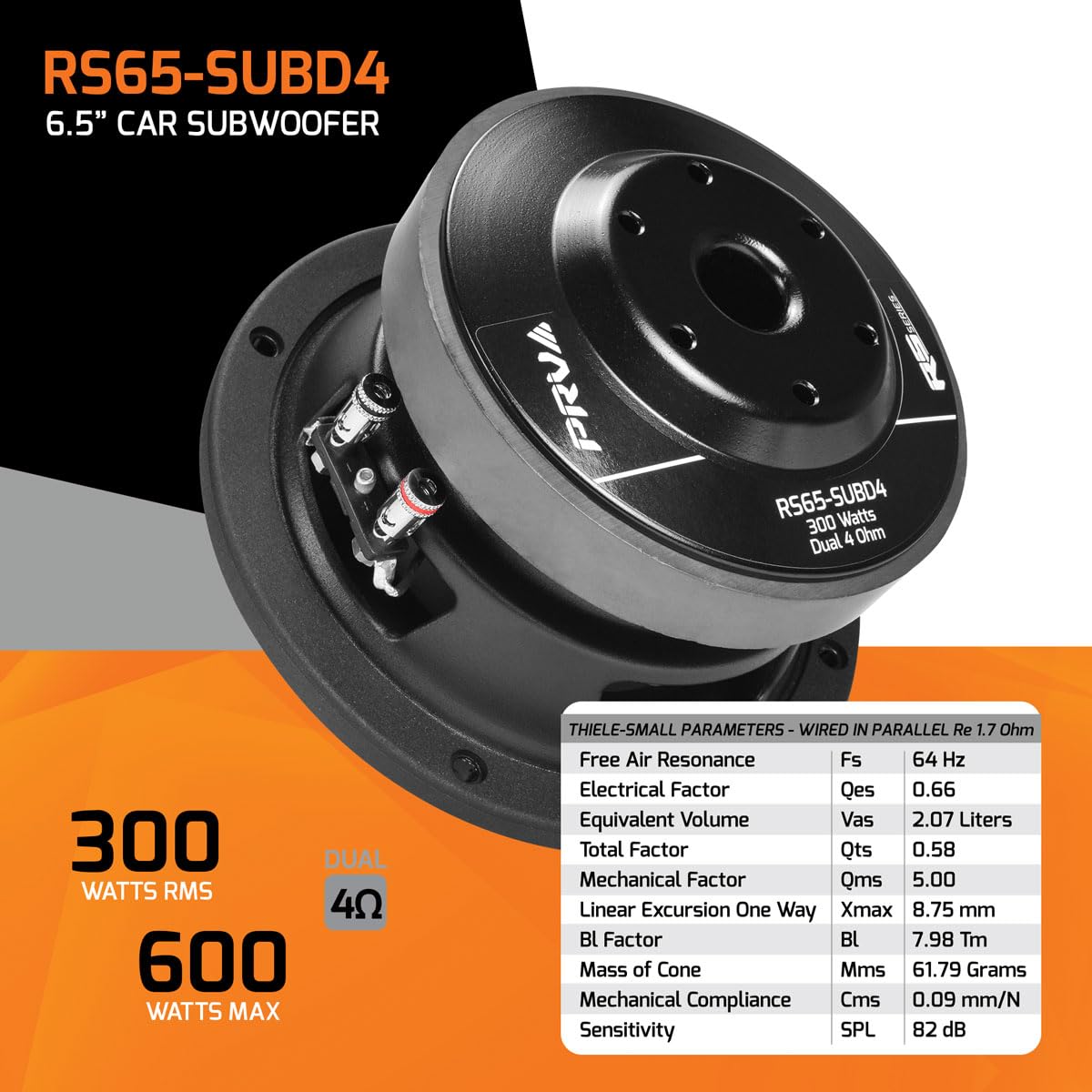 PRV AUDIO Sub D4 de 6.5 pulgadas de 600 vatios de potencia máxima dual de 4 ohmios, 8.75 mm Xmax, RS65-SUBD4, bobina de voz de 2 pulgadas, subwoofer de coche poco profundo de 6.5 pulgadas delgado para