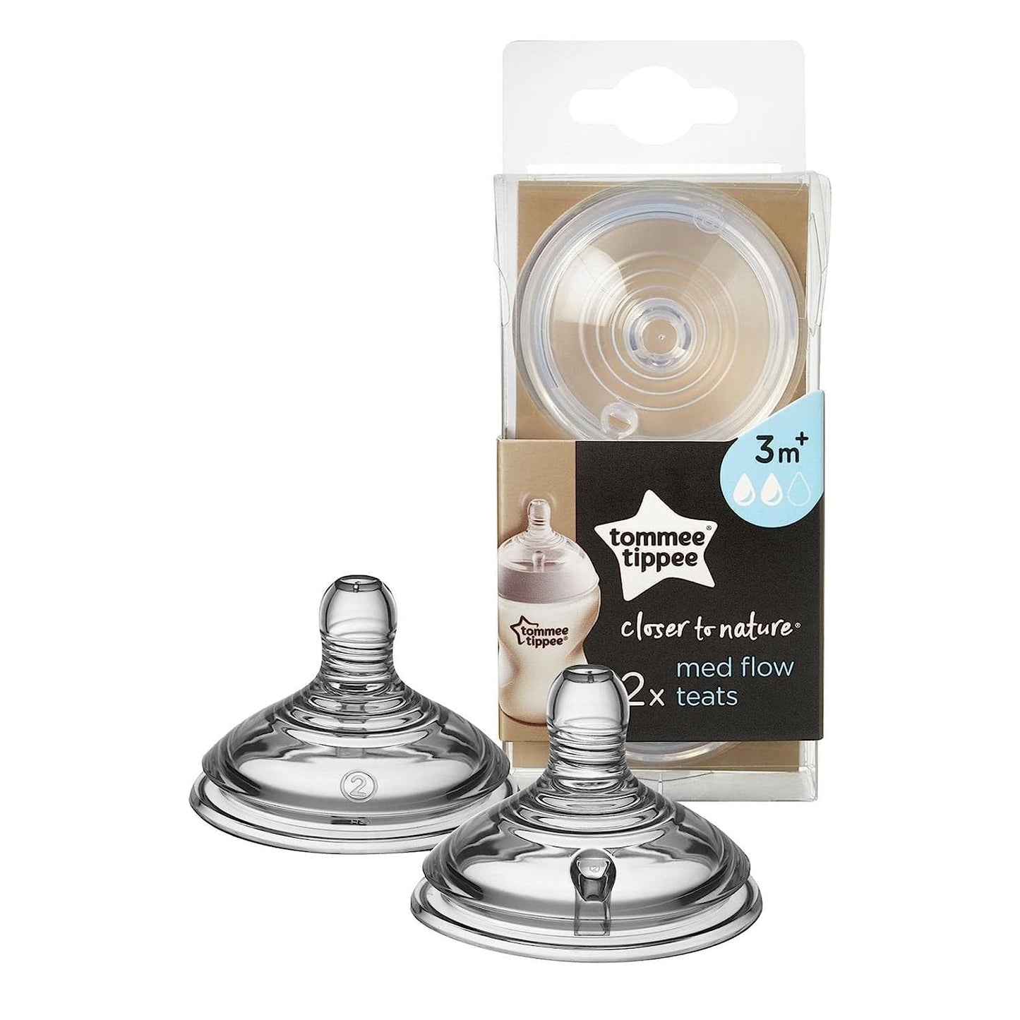 Tommee Tippee Closer to Nature Baby Bottle Teats, Breast-Like, Anti-Colic Valve, Soft Silicone, Medium Flow, 3m+, Pack of 2