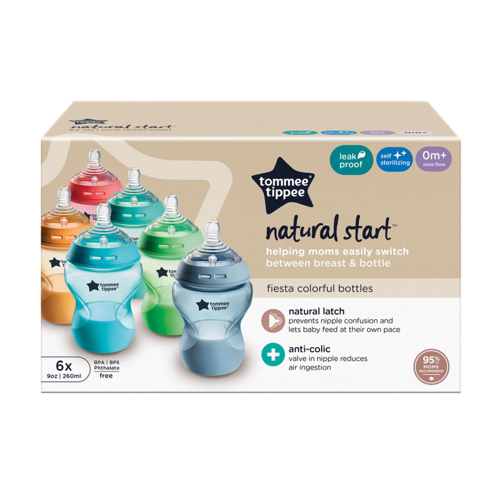 Biberones Tommee Tippee Multicolor con Válvula Anticólico y Tetina Natural, Lenta, 9 Onzas, 6 Pack