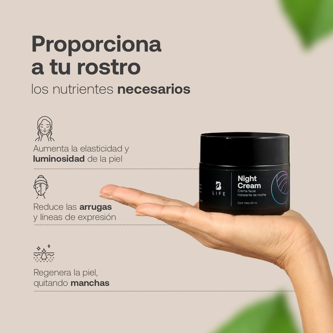 Crema Facial Hidratante de Noche con 90 ml. Enriquecida con Retinol y Ácido Hialurónico, Skincare Facial Antiarrugas. Night Cream B Life.