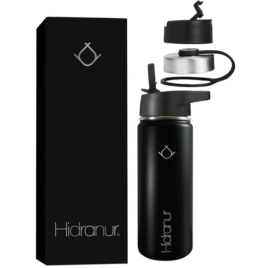 Hidranur Termo de Acero Inoxidable Doble Aislamiento Térmico, Termo Para Café 18 oz (532.32 ml), 3 Tapas Herméticas, 2 Popotes, 24 Hrs de Agua Caliente y Fría (Negro, 18 Oz (532.32 ml))