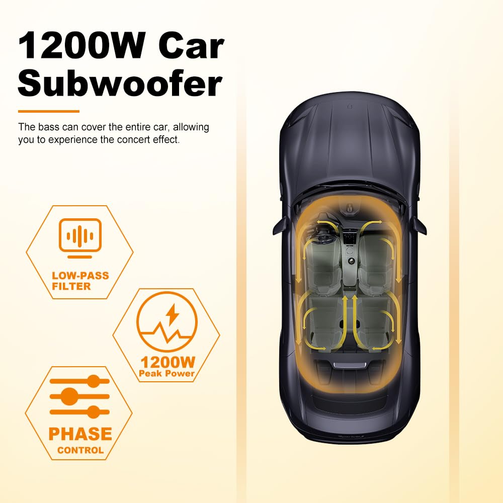 litillbuly Subwoofer de 10 pulgadas 1200 W naranja para coche, subwoofer delgado para debajo del asiento, entrada de nivel alto/bajo, subwoofer de audio para coche/camión, subwoofer incorporado