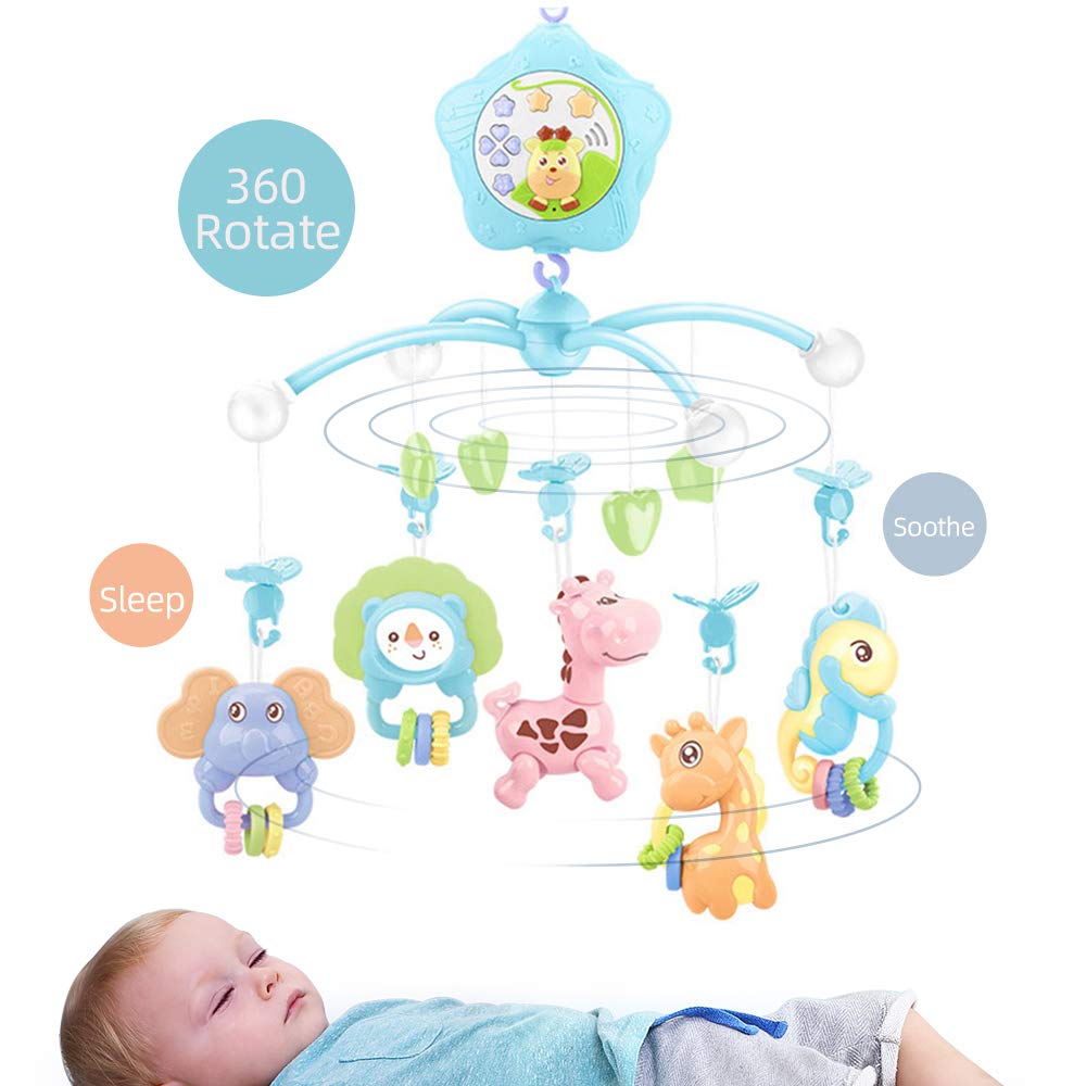 Baby Mobile for Crib, Baby Plush Crib Mobile with Lights and Music,Remote,Toys, Holder,Projector for Pack and Play (Blue) (Blue-Forest)