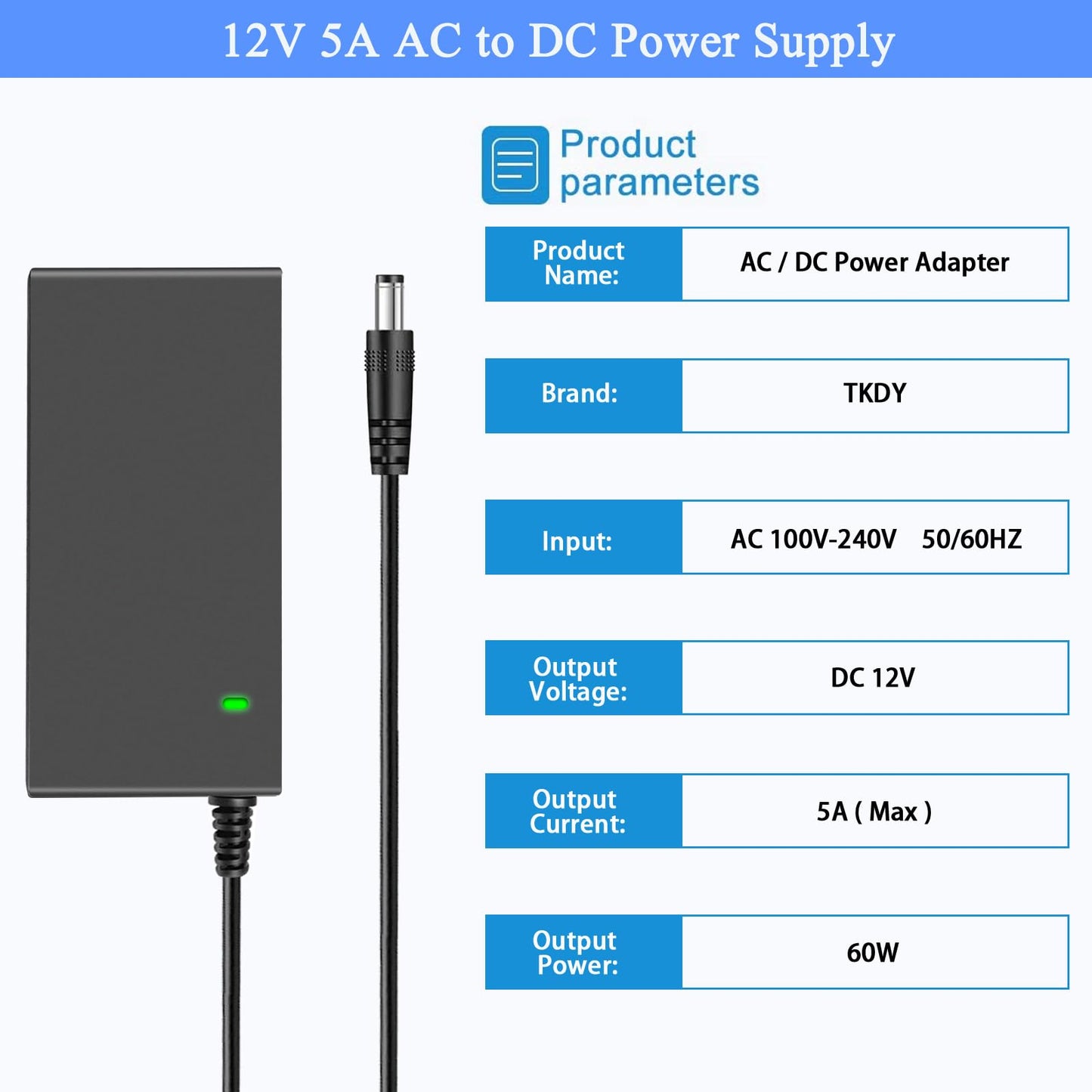 TKDY - Cable de Fuente de alimentación para Monitor de 12 V 5A, Adaptador de Corriente alterna de 12 V, 5A, 4A, 3A CC, Compatible con Monitor LCD de 12 V CC, cámaras de Seguridad CCTV CCTV, Tira de