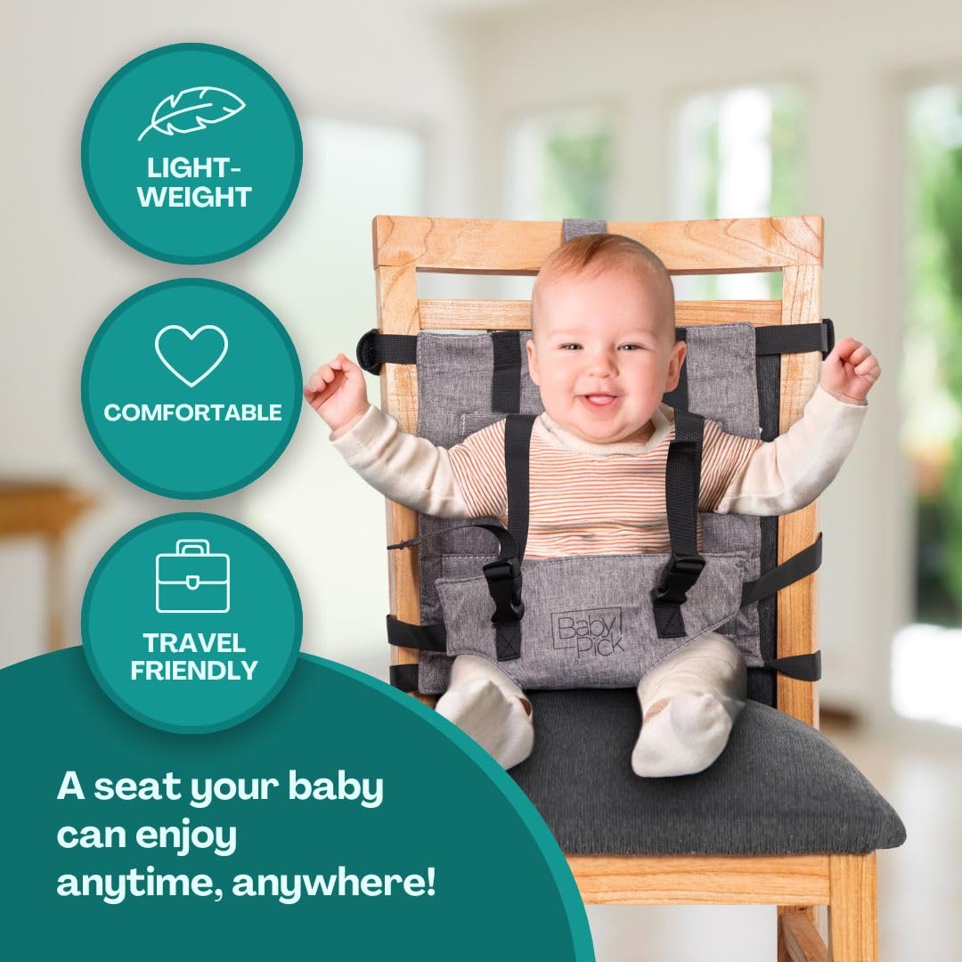 Silla alta portátil para viajes por Baby Pick – Asiento de arnés, equipo plegable y ligero, correas ajustables para bebés y niños pequeños, compacta y segura, lavable a máquina, imprescindible para