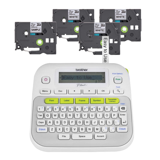 BROTHER - Paquete de rotuladoras P-Touch, PTD210, fáciles de usar (4 cintas de etiquetas incluidas), blancas, pequeñas