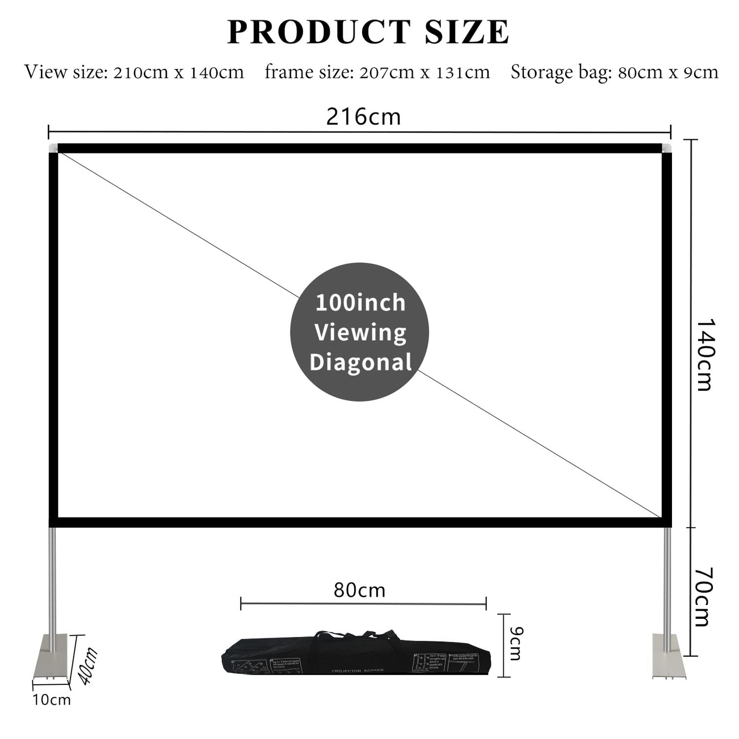 HOIN Proyector Visualización de 100 Pulgadas 16:9 HD 4K, Soporte de Plegado Rápido, 3D, Patas, Blanco Mate, Poliéster, Montaje en Suelo, Frente