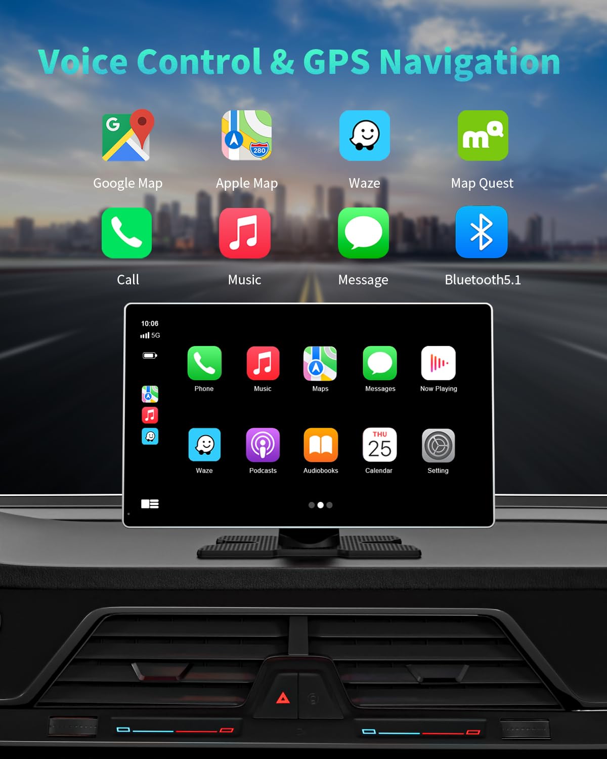 Visualización Portátil para Coche Apple Carplay Inalámbrica de 9 Pulgadas con Cámara de Salpicadero 4K y Cámara de Respaldo 1080p DVR