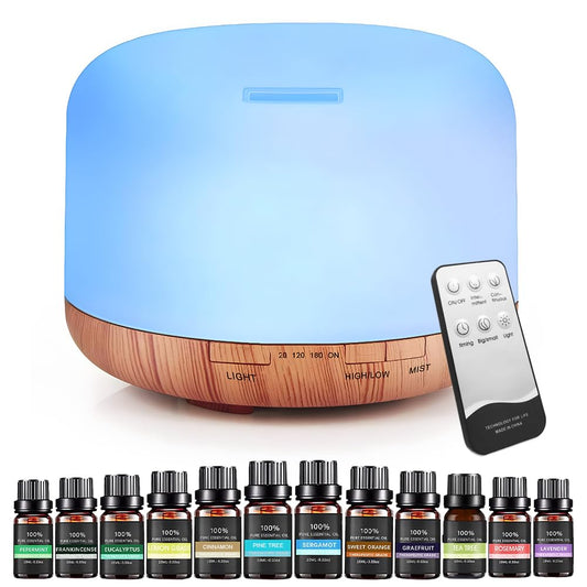 Difusor de Aceites Esenciales, EASYTAO 500ml Difusor de Aromas con 12 Botellas de Aceites Esenciales, Vapor Silencioso Ajustable, 7 Colores Humidificador Ultrasónico para Relajación