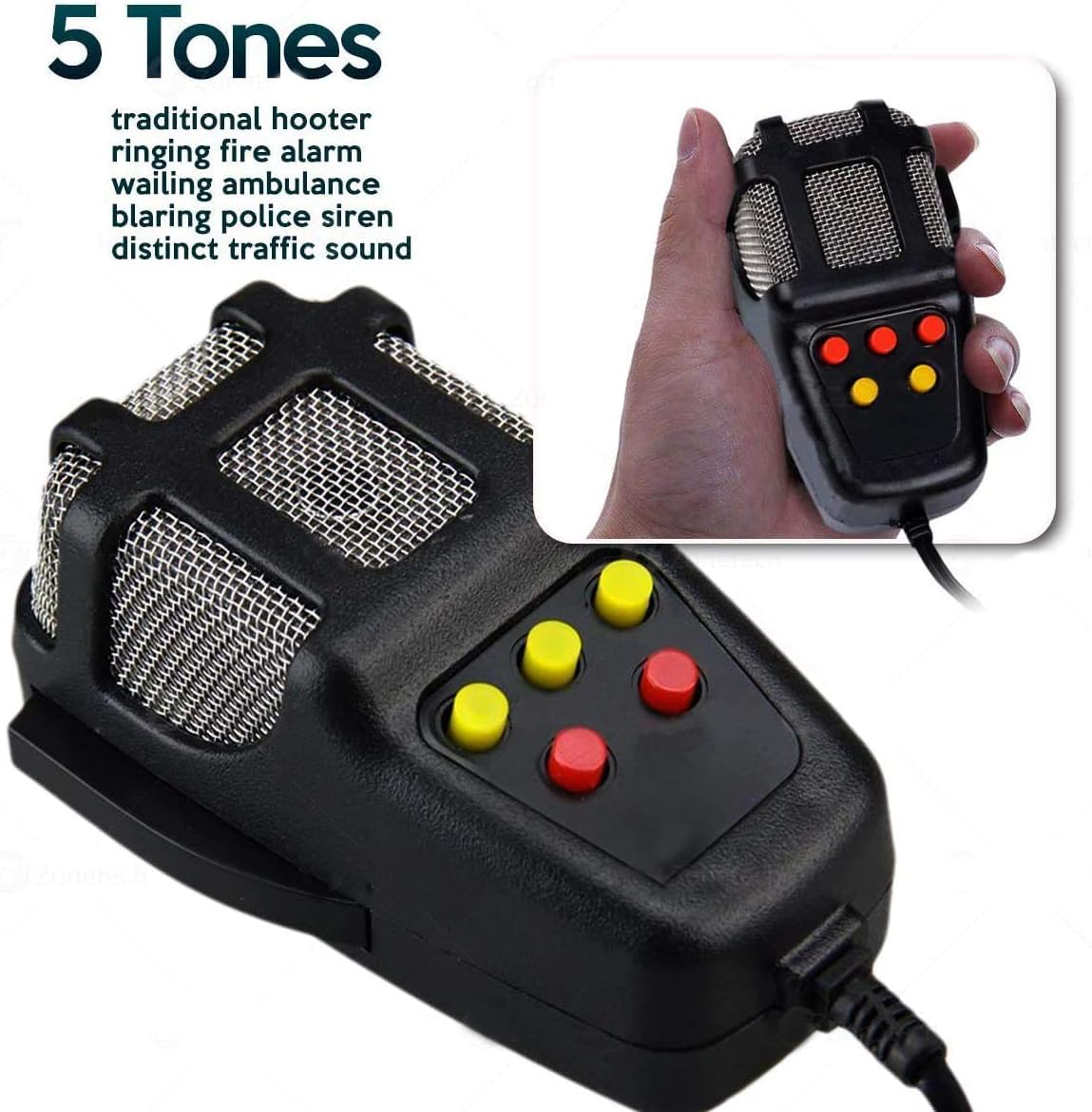 Sistema de Sirenas Zone Tech Aeps 60W Sonidos Emergencia 5 Tonos PA Micrófono Sirena