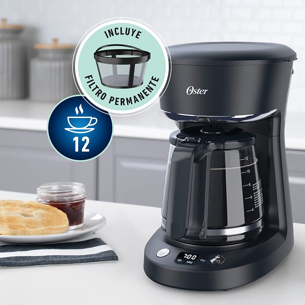 Cafetera Oster Negra Sistema Programable con Reloj Digital de 12 Tazas