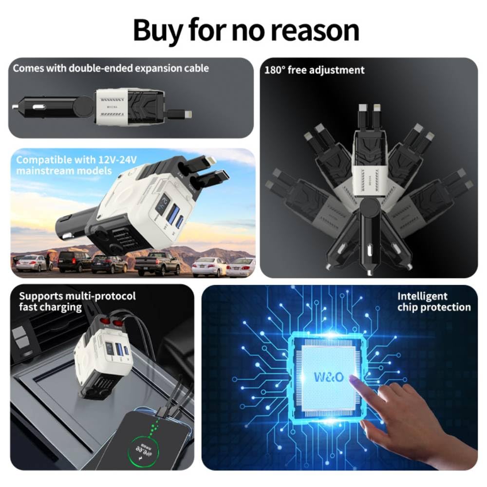 JIEYOUTA Cargador para Auto Tipo C 4 en 1-120W Carga Rápida, Incluye 2 Cables Retráctiles y 2 Puertos USB, Adaptado para iPhone16/15/14/13, Huawei, Xiaomi, iPad y Otros Android