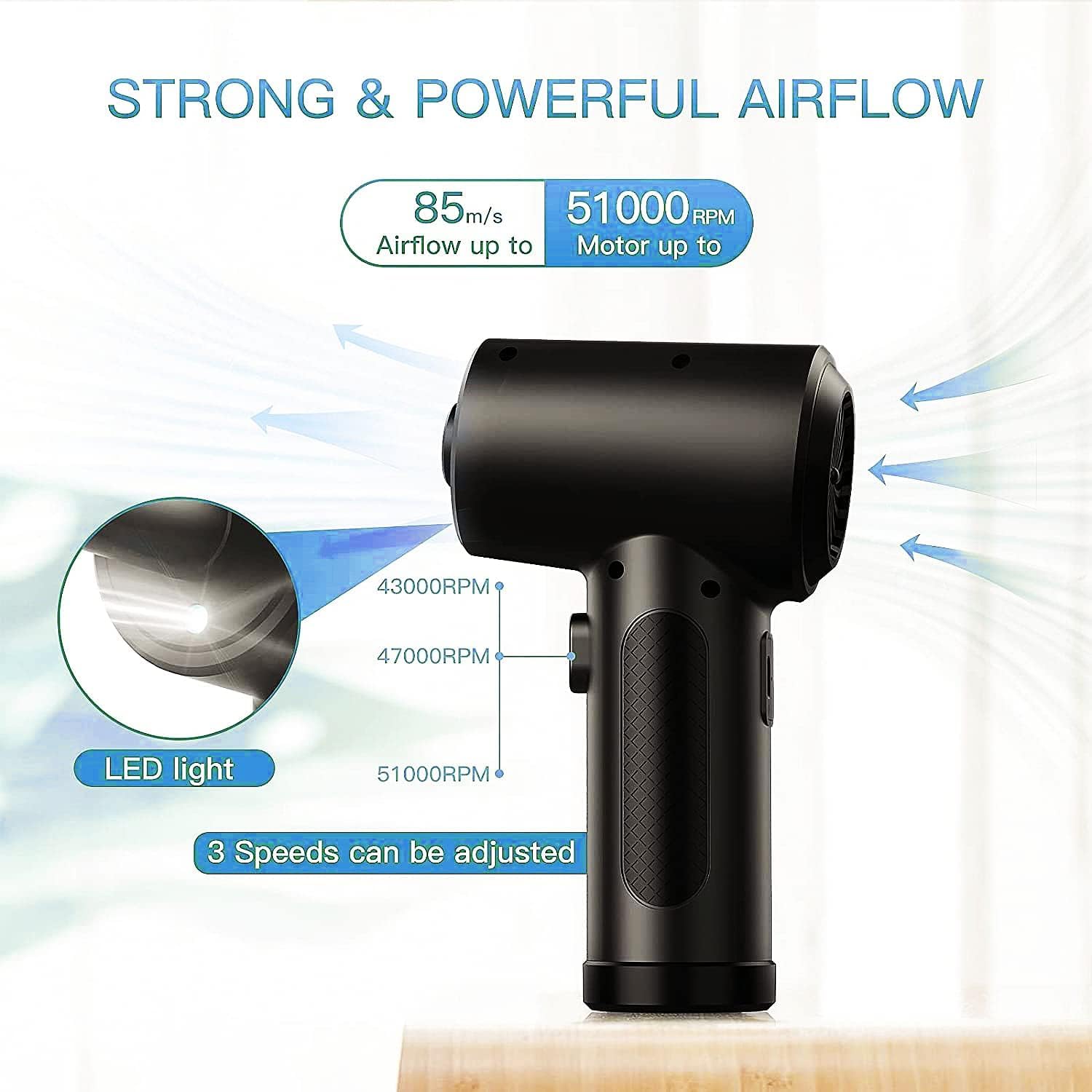 Heyeek Aire Comprimido para PC, 51000 RPM Soplador de Aire para PC, 6000 mAh, Plumero de Aire Comprimido Inalámbrico Portátil, para Computadora, Oficina, con 5 Boquilla