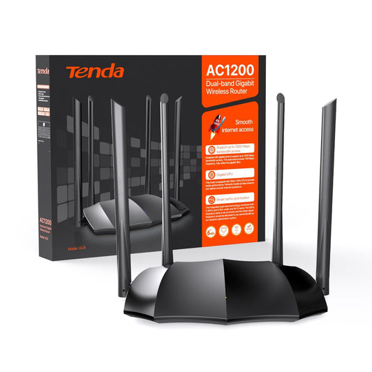 Tenda AC8 Router WiFi AC1200, Doble Banda (5GHz/2.4GHz), WiFi Router Inalámbrico, Modo Punto de Acceso, 4 * 6dBi Antenas Externas, WAN/LAN Puertos Gigabit, Penetración de Paredes, IPV6, Mu-MiMo