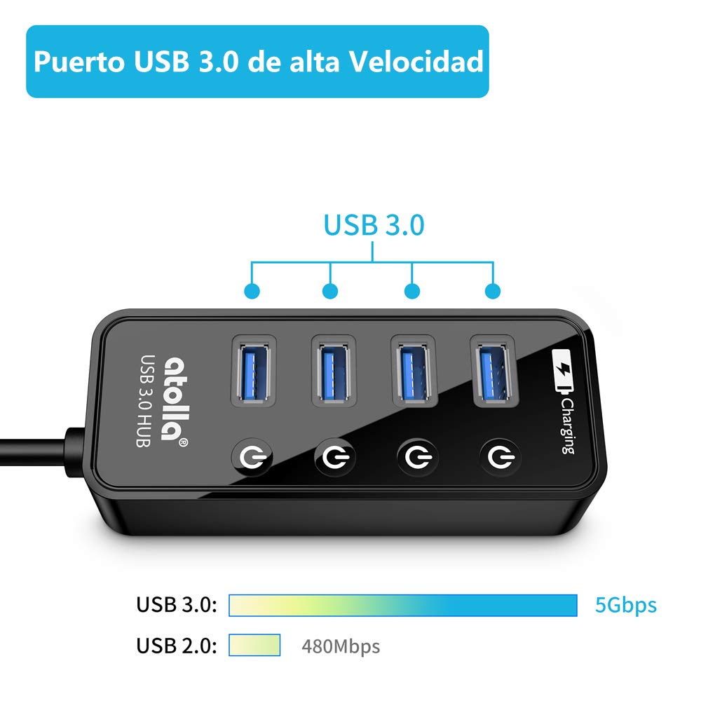 ATOLLA Hub USB 3.0 5 en 1, 4 Puertos Super Speed 5Gbps Multi USB Hub con Interruptor Independiente con 1 Puerto de Carga USB (Longitud del Cable 0,6 Metros, sin Adaptador de CA)