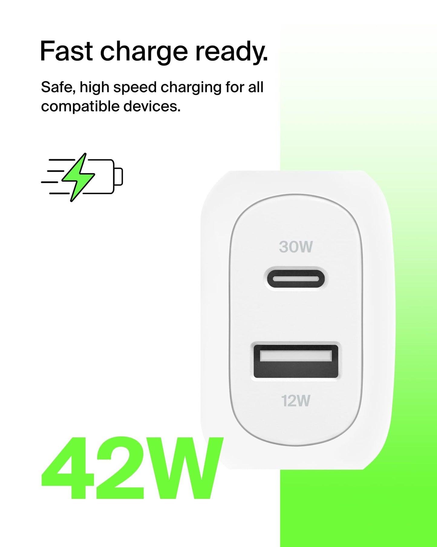 Belkin - WCB009dqWH - Cargador de Pared Dual de 42 W, USB-C +de 30W + USB-A de 12W con PD 3.0 y PPS, Blanco