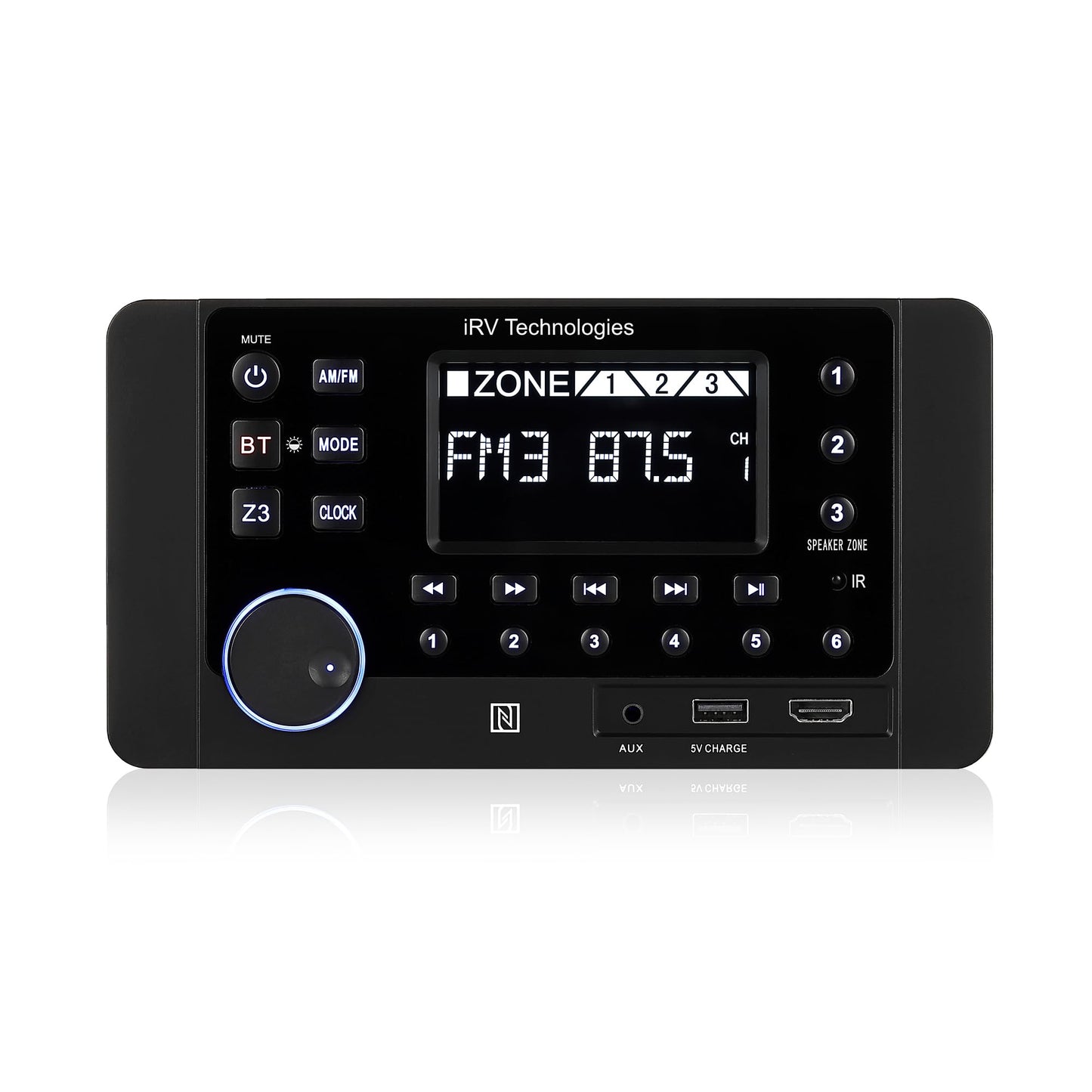 IRV Technology Mechless Wallmount RV estéreo 3 Zonas con Bluetooth HDMI ARC, Control de aplicación, Am/FM/App, NFC, Carga USB, Sonido Envolvente Digital, Reloj, Soporte CEC (3 Zonas + 7 Altavoces)