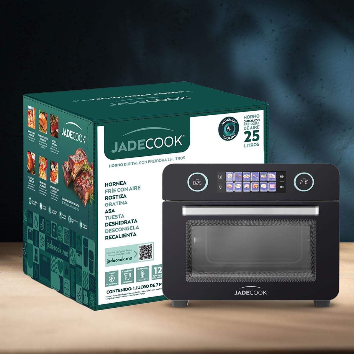 Horno Digital con Freidora de Aire 25L Jade Cook, 6 accesorios y 12 Modos Inteligentes, Parrilla, Hornear, Tostar, Rostizar, Gratinar, Deshidratar, Recalentar, Descongelar, Asar, Galletas, Pescado