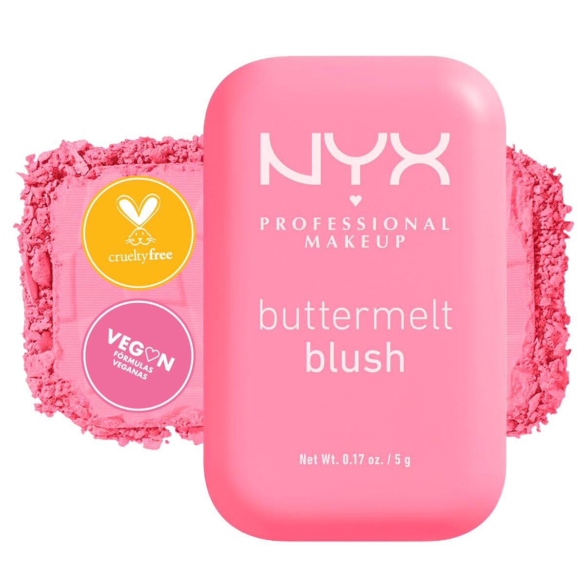 NYX Professional Makeup, Buttermelt Blush, Tono: Butta Together (rosa claro). Rubor cremoso en polvo infusionado con manteca de karité, mango y almendras, hasta 12hrs de uso, no se desvanece, resistente a transferencias. Fórmula vegana.