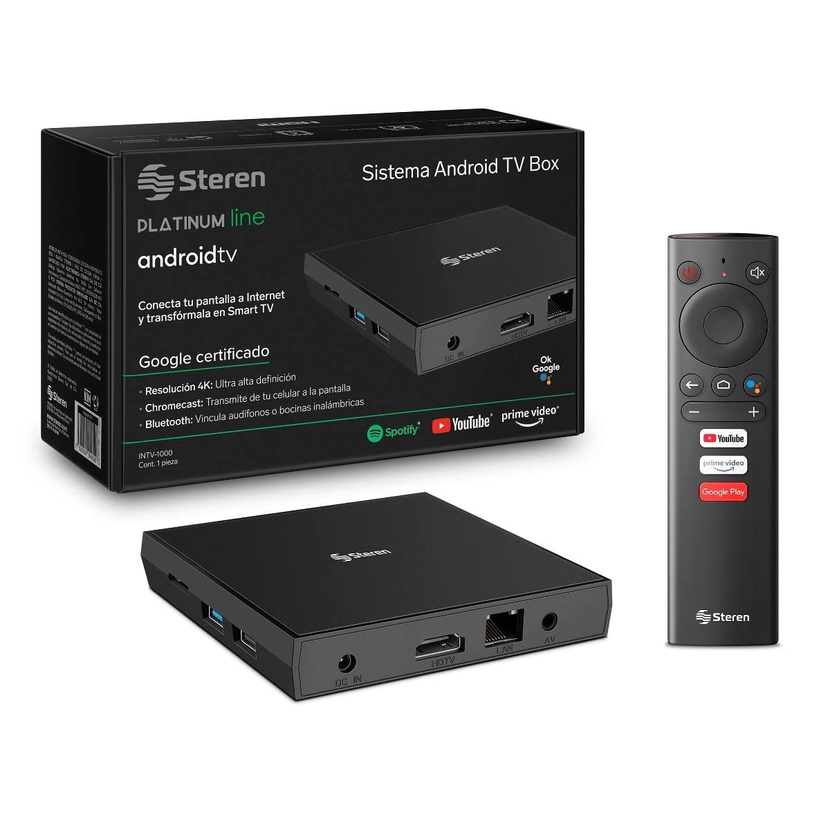 Sistema Android TV Box Steren INTV-1000 Negro Chromecast Certificado Google 4K Control Remoto.