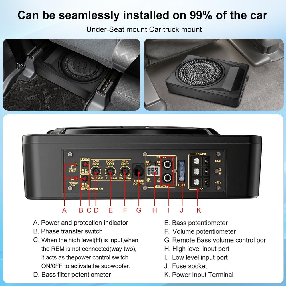 litillbuly Subwoofer de coche de 10 pulgadas, 1200 W, subwoofer delgado para debajo del asiento, entrada de nivel alto/bajo, subwoofer de audio para coche/camión, subwoofer integrado