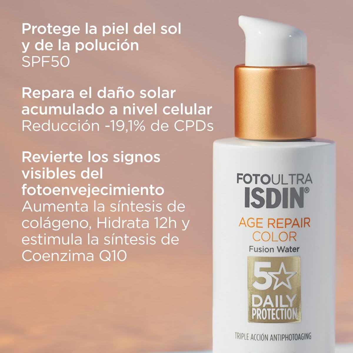 ISDIN - FotoUltra Age Repair Fusion Color Water SPF 50 - Protector solar facial de fase acuosa, triple acción anti-fotoenvejecimiento, con color, 50 ml