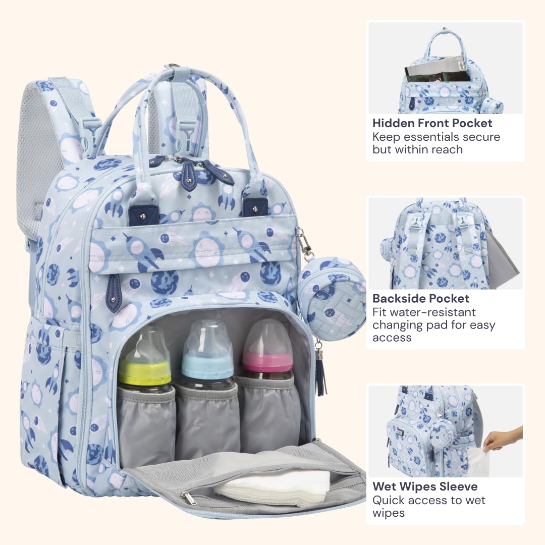 BabbleRoo Mochila para pañales, bolsa de viaje para bebé Essentials con cambiador, correas para cochecito y estuche para chupete, Cósmico, Medium