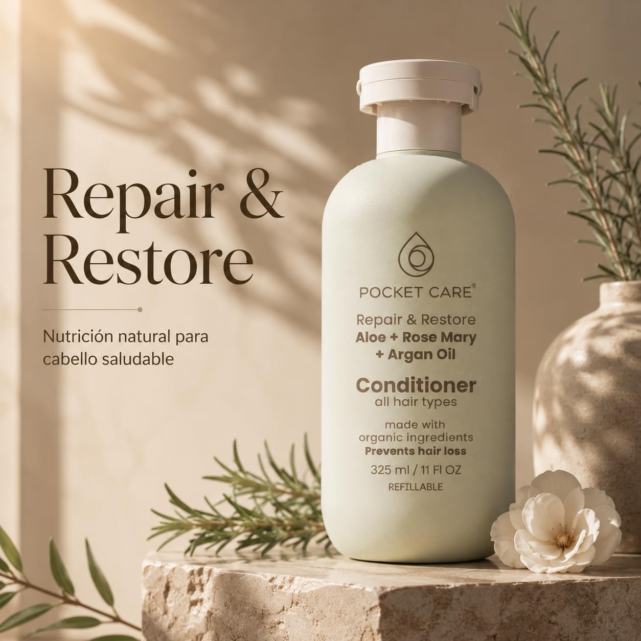 Pocket Care Acondicionador Reparador para Cabello Seco y Maltratado con Aceite de Argán, Sábila, Romero, Manteca de Karité y Cacao | Anti Frizz, Brillo y Suavidad | 325 ml(Acondicionador, Aloe vera)