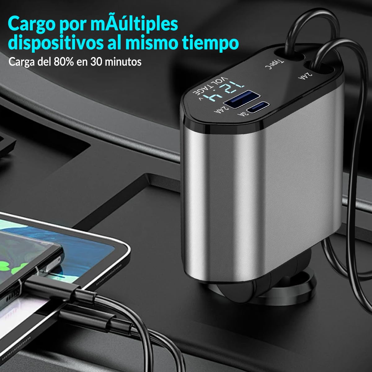 Cargador para auto, Cargador USB C 4 en 1 100W+20W Carga Rápida Accesorios para auto, Cables retráctiles (80cm) y Adaptador de Coche de 2 Puertos USB, Compatible con iPhone 15 14 13 12,Galaxy, Xiaomi