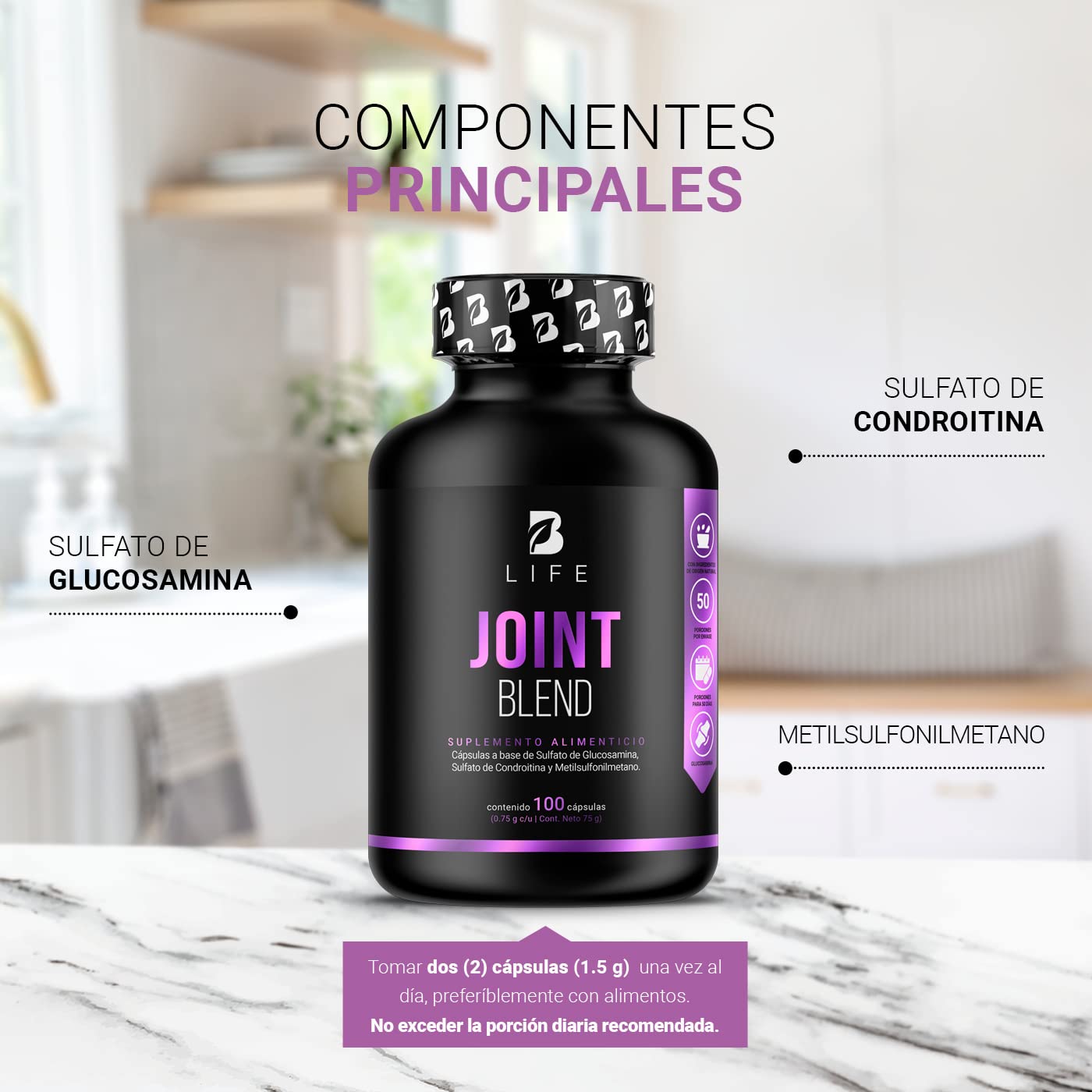 Glucosamina, Condroitina y MSM 100 Cápsulas 1500 mg por porción. Ingredientes Naturales. Joint Blend B Life.