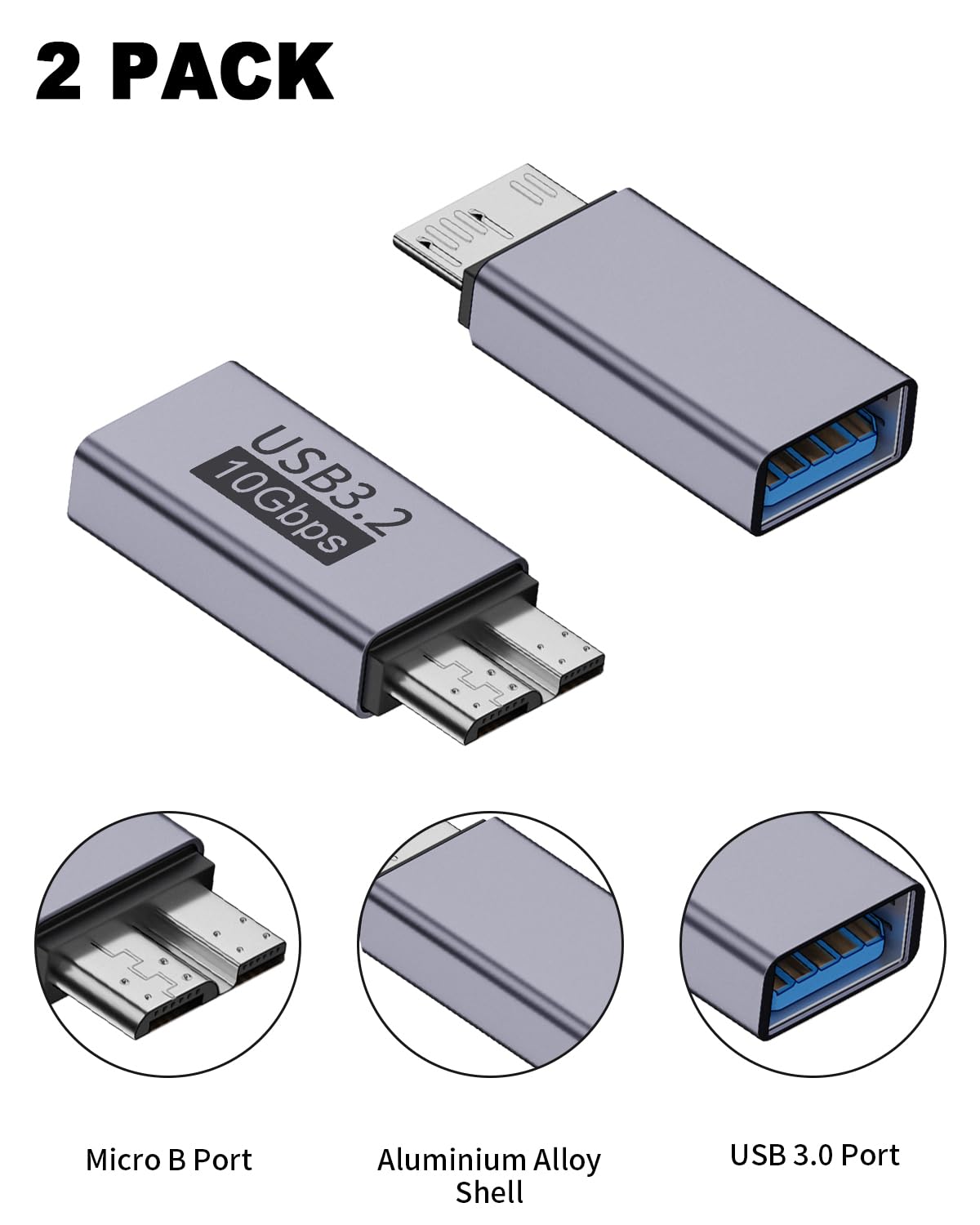 Adaptador USB 3.2 Danfetsoy Gris Micro B a USB A 10 Gbps para Discos Duros Externos