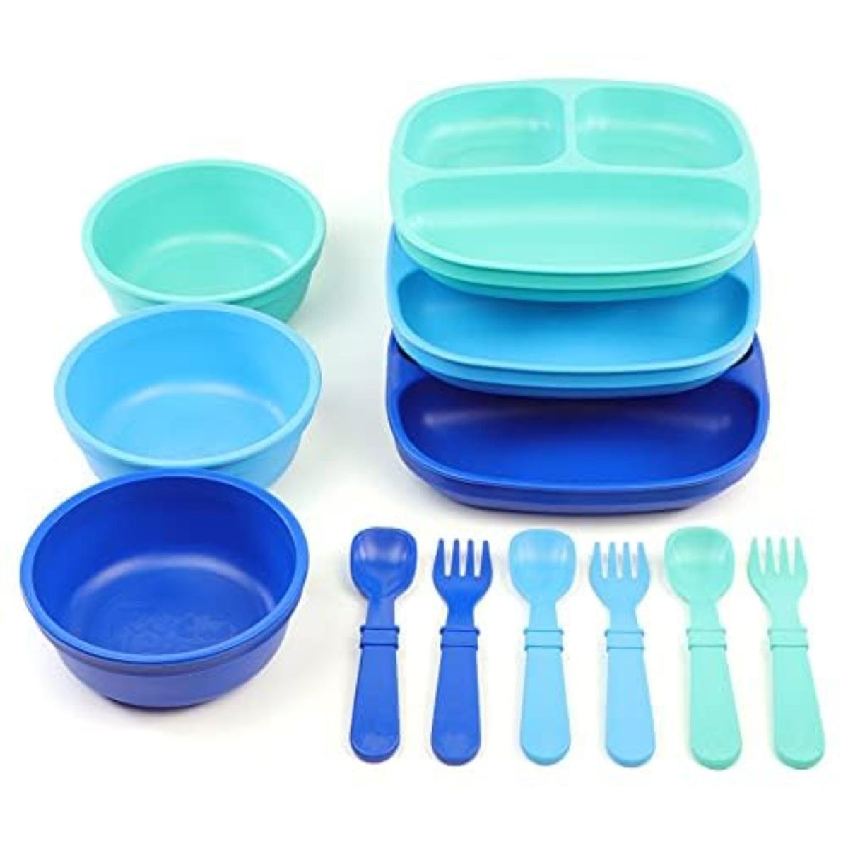 Re-Play - Juego de platos y utensilios divididos de 3 x 3 pulgadas, juego de tenedores y cucharas para niños pequeños, apto para lavaplatos y microondas, fabricado en Estados Unidos, color azul