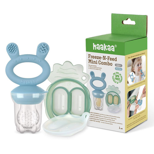 Haakaa Mini Combo alimentador para bebé para introducir nuevos sabores + bandeja para congelar de silicon sin BPA (Azul Cielo)