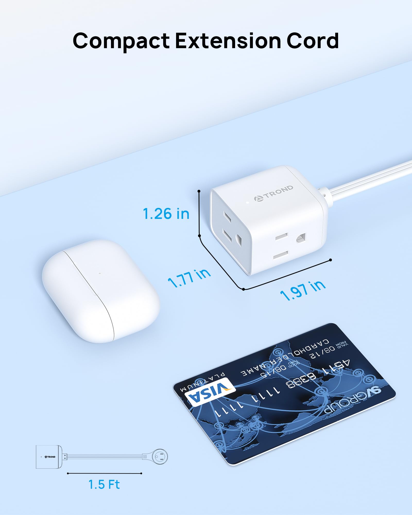 TROND Cable de Extensión 1.5 Pies - Enchufe Plano Giratorio 360°, 3 Tomas con Tierra, 13A, Cable SPT 16/3 AWG, Ideal para Hogar, Oficina, Cruceros y Viajes, Blanco.