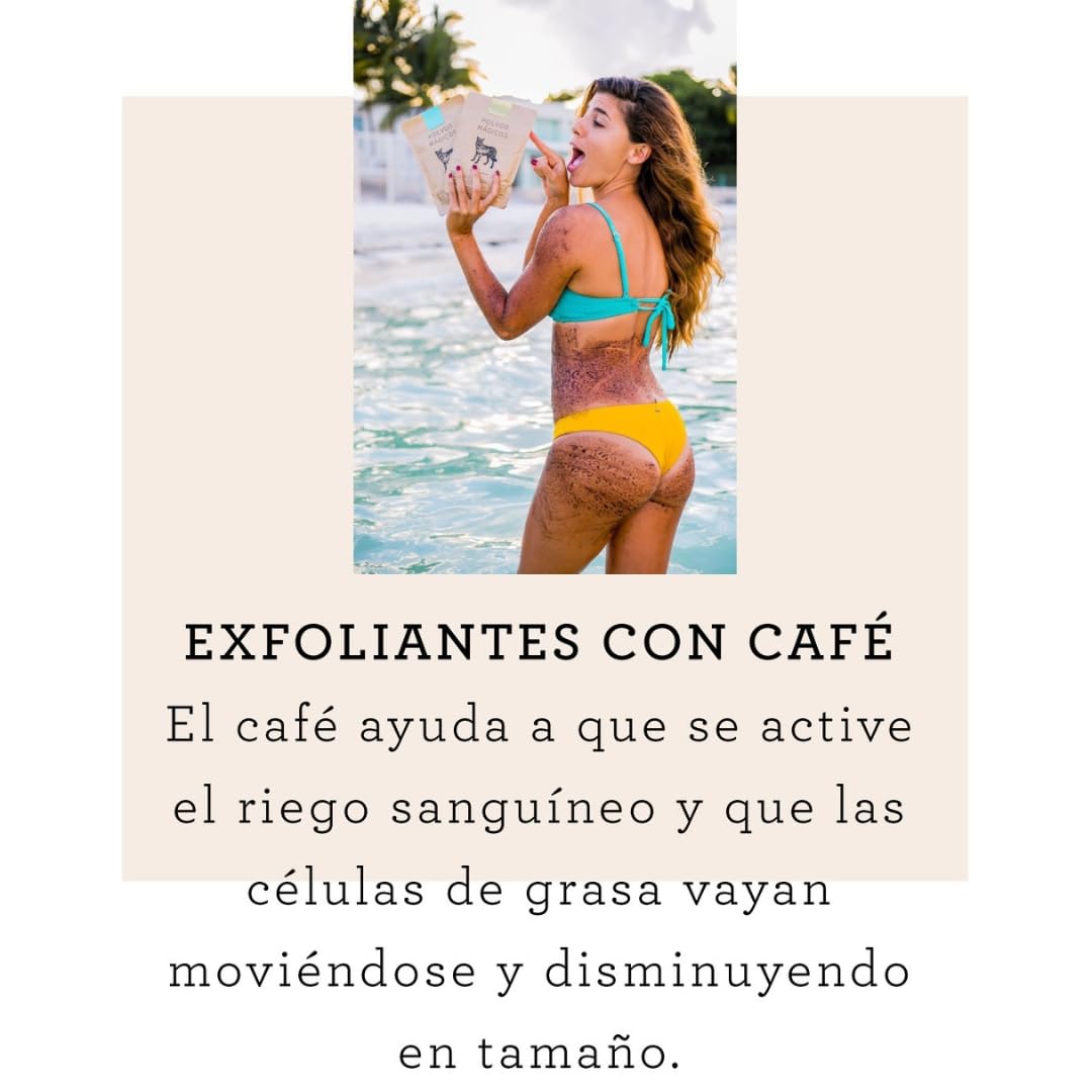 Exfoliante Corporal Polvos Mágicos Café Orgánico Aceite de Coco Anticelulitis y Estrías Bronceado Perfecto