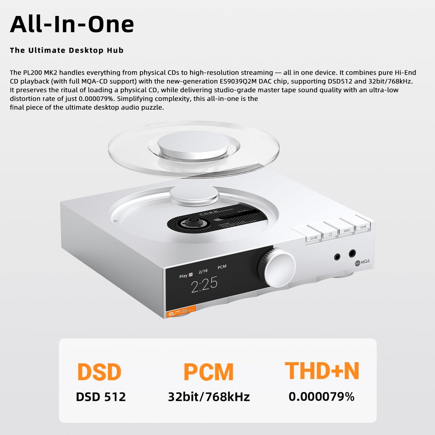 SMSL PL200 MK2 MQA-CD Player, reproductor de CD todo en uno, DAC y HP AMP, chip DAC de alta gama ES9039Q2M, transmisor Bluetooth, reproducción perfecta, 32 bits/768 kHz DSD512, entrada USB/BT/CD